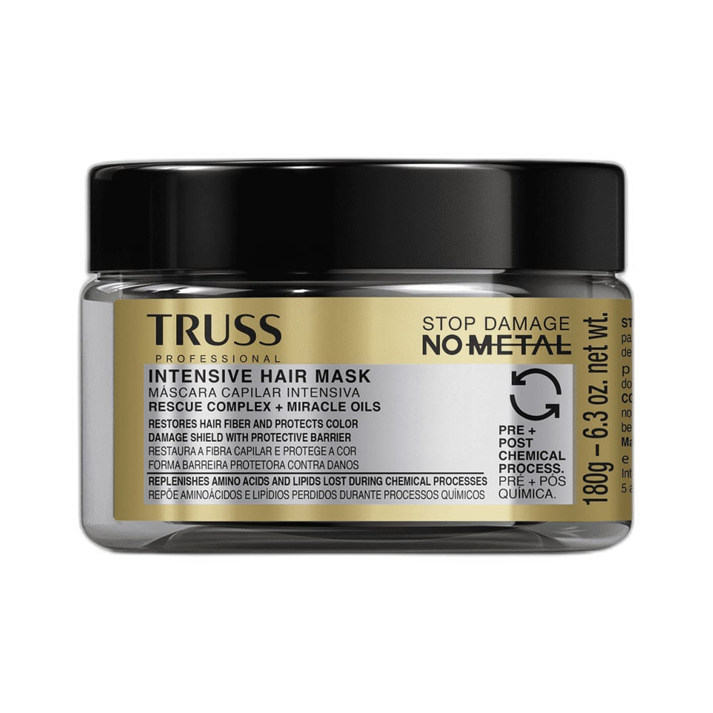 Frasco frontal da Máscara Capilar Truss No Metal 180g em fundo branco.